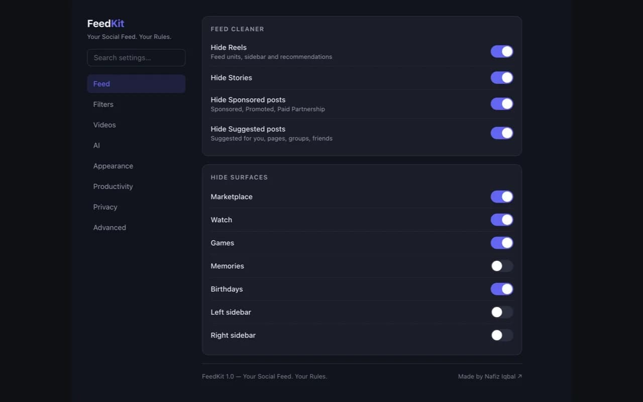 FeedKit options page with feed cleaner toggles and surfaces to hide