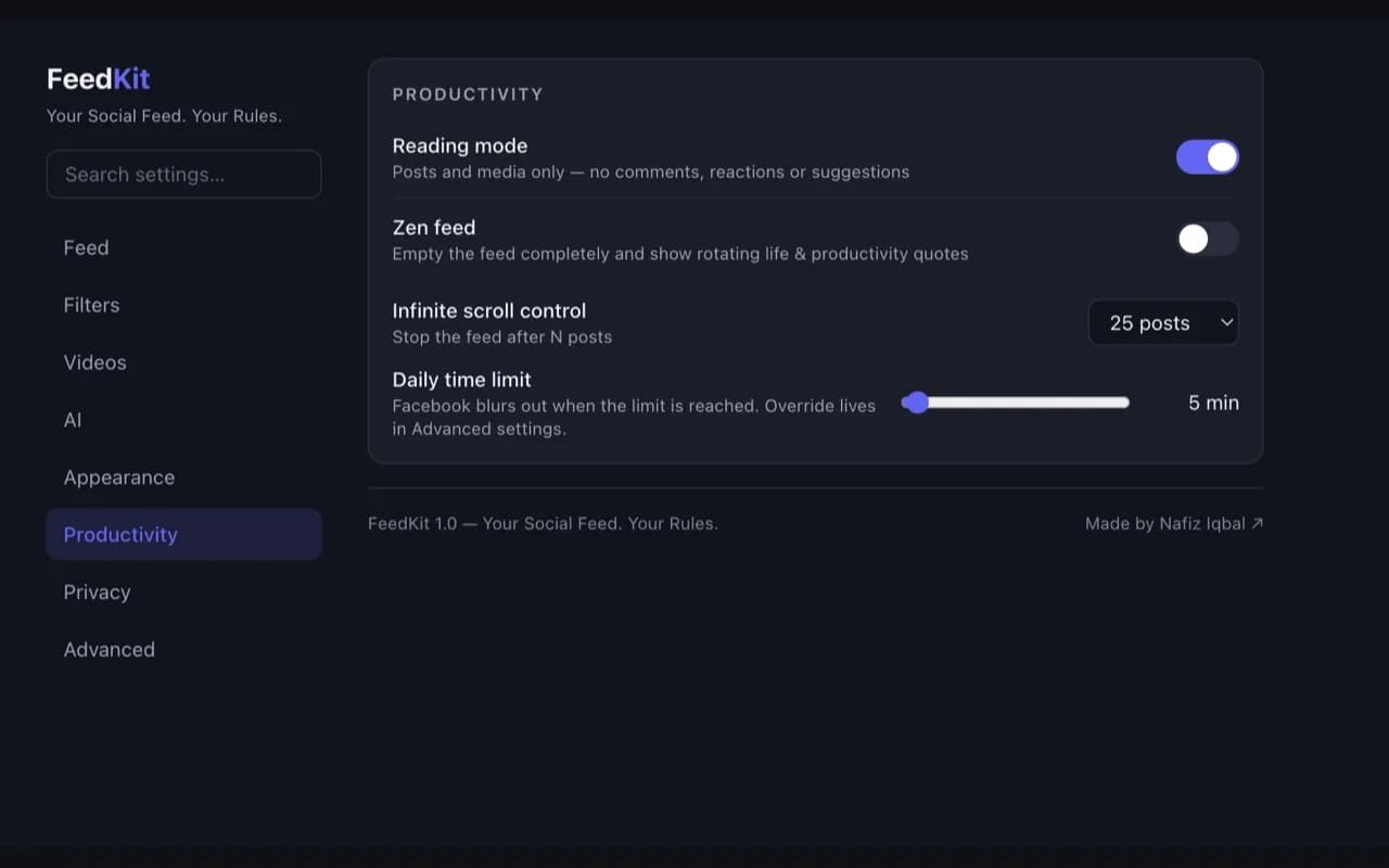 FeedKit productivity settings: reading mode, zen feed, scroll control, and daily time limit