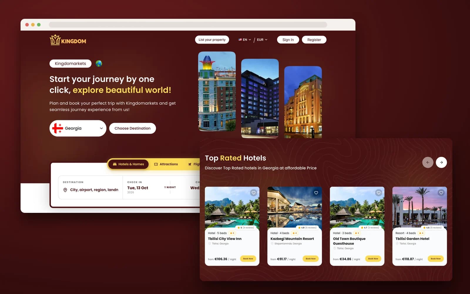 Kingdom Markets home page with destination search, and the Top Rated Hotels section for Georgia