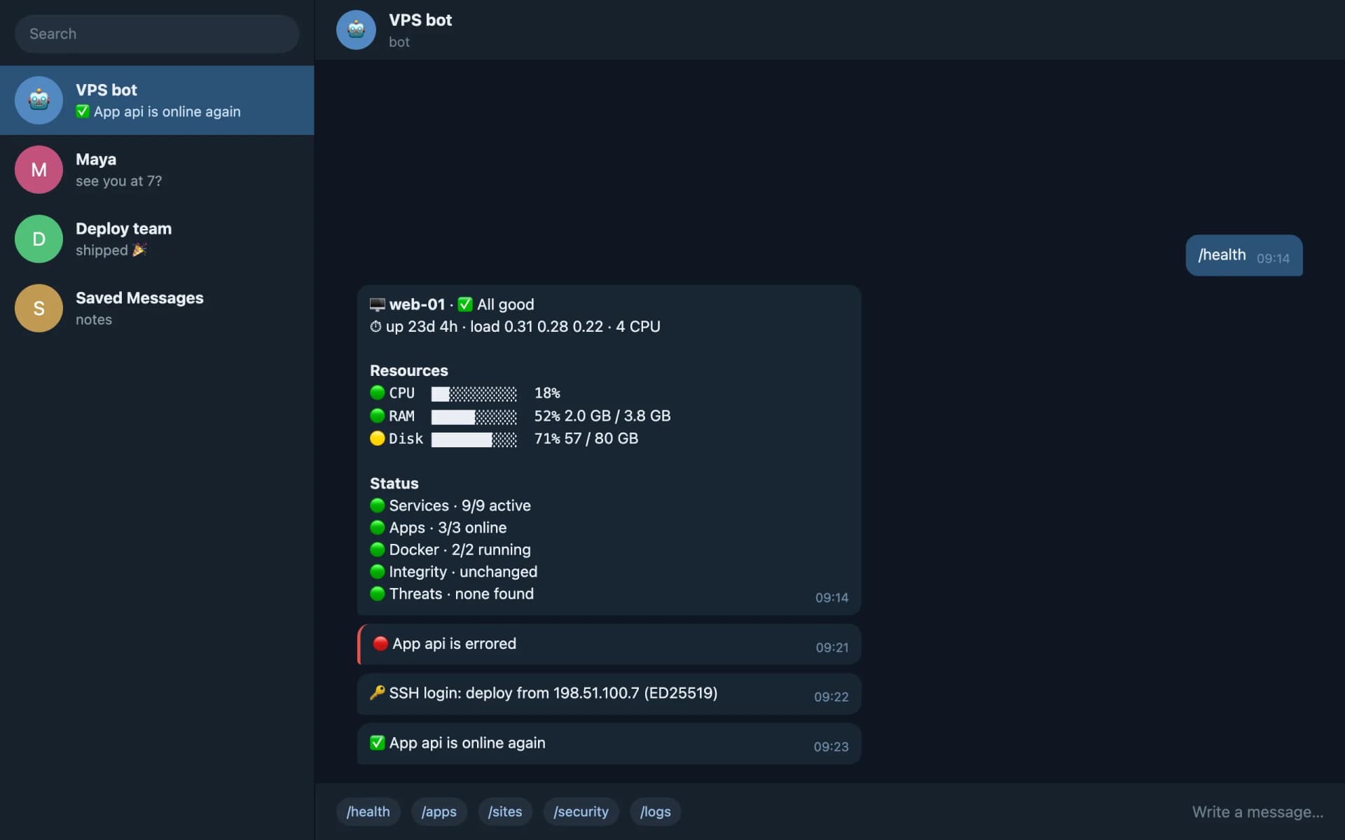 Telegram chat with the VPS bot showing a /health report, an app crash alert, an SSH login alert, and the recovery